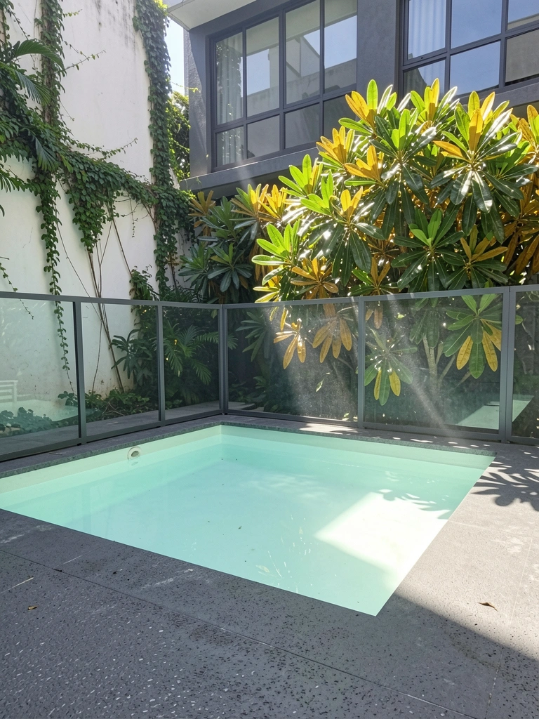 Piscina de imersão com jatos de hidromassagem e borda de concreto.