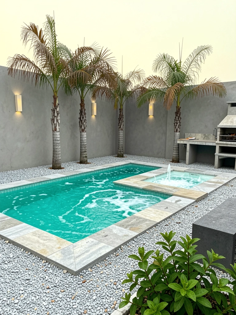 Piscina retangular pequena ao lado de churrasqueira de alvenaria com bancada, em área externa.