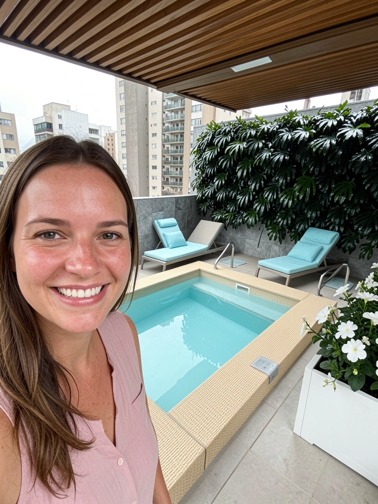 Piscina pequena em cobertura com guarda-sol e espreguiçadeiras, vista urbana ao fundo.