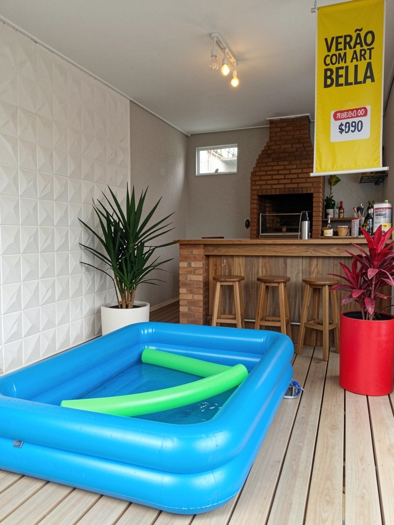 Caixa de piscina inflável em prateleira de loja, com etiqueta de preço visível.