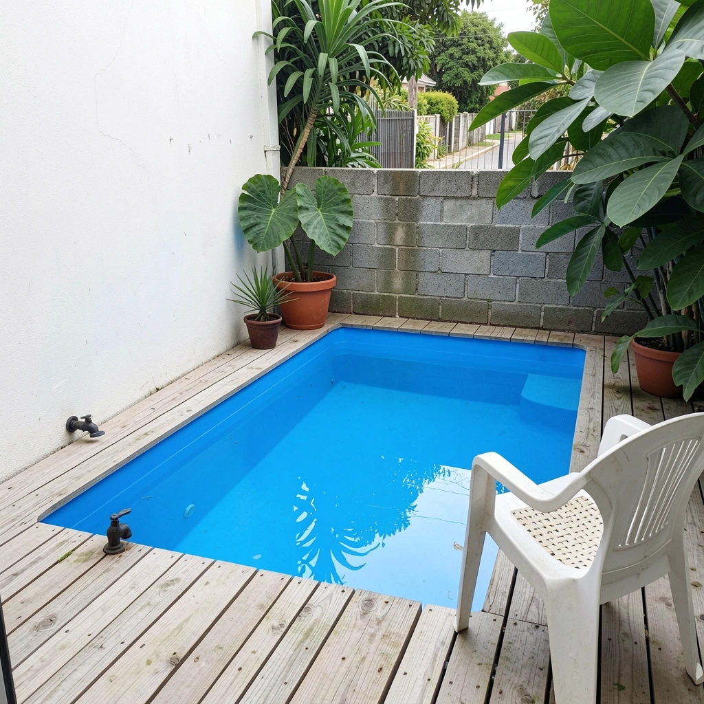 Orçamento impresso sobre planta de projeto arquitetônico de piscina.