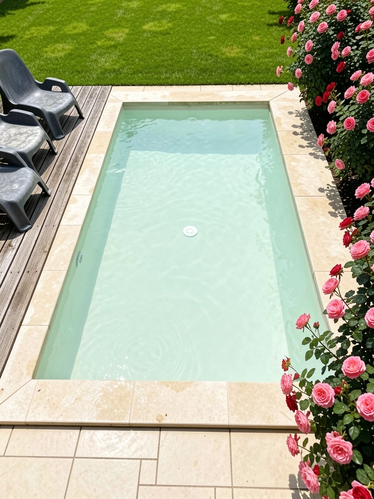Piscina pequena com revestimento de pastilhas claras refletindo o céu.