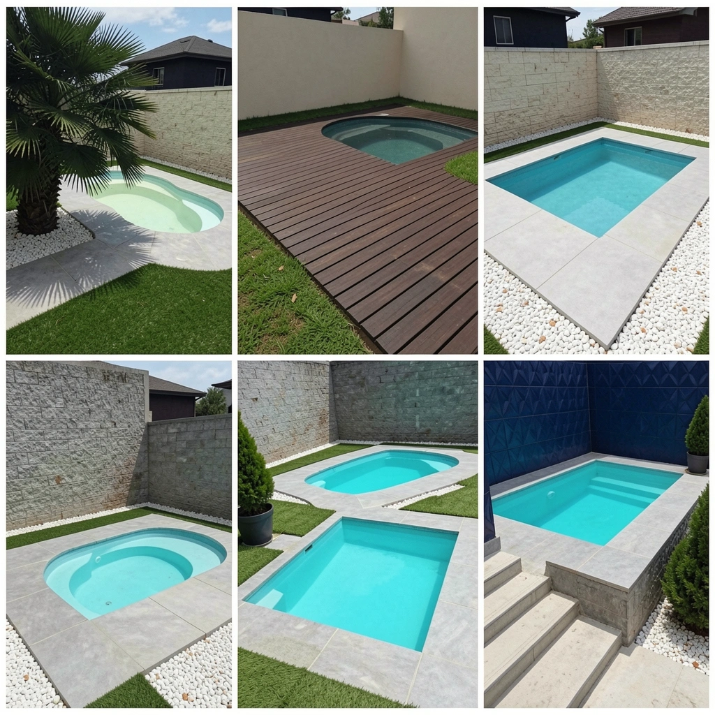 Piscina pequena com borda iluminada por LED azul em ambiente noturno.