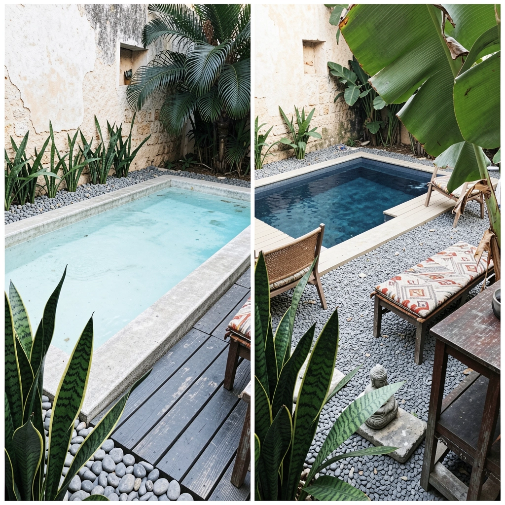 Piscina pequena cercada por pedras, plantas tropicais e uma estátua de Buda.