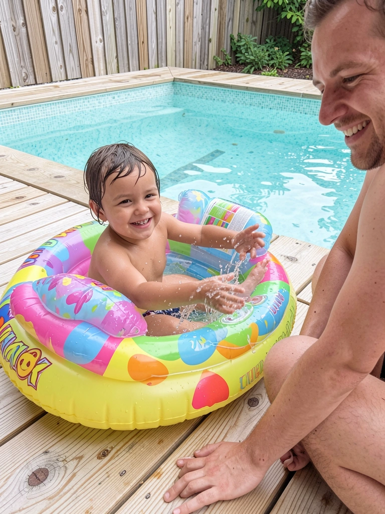 Criança com boia em piscina inflável pequena, adulto sentado ao lado vigiando.