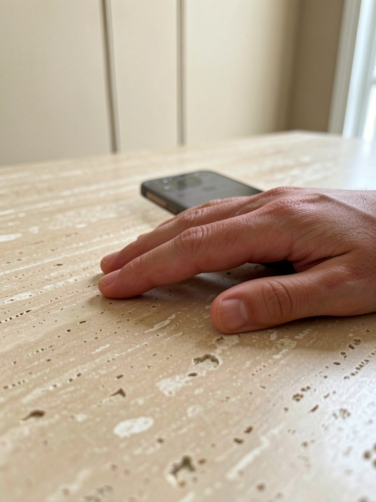 Mão tocando superfície porosa de travertino com fundo neutro.