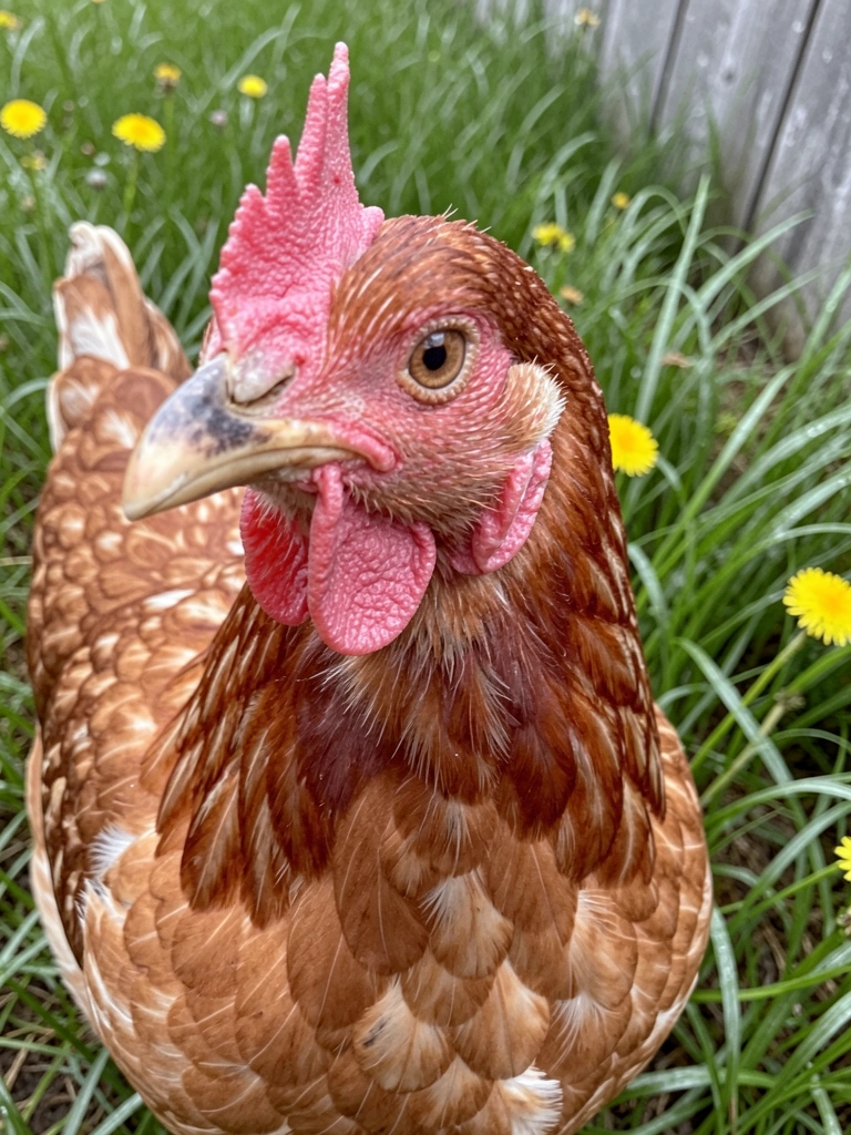 Galinha preta em ambiente escuro, olhos brilhantes destacados na penumbra.