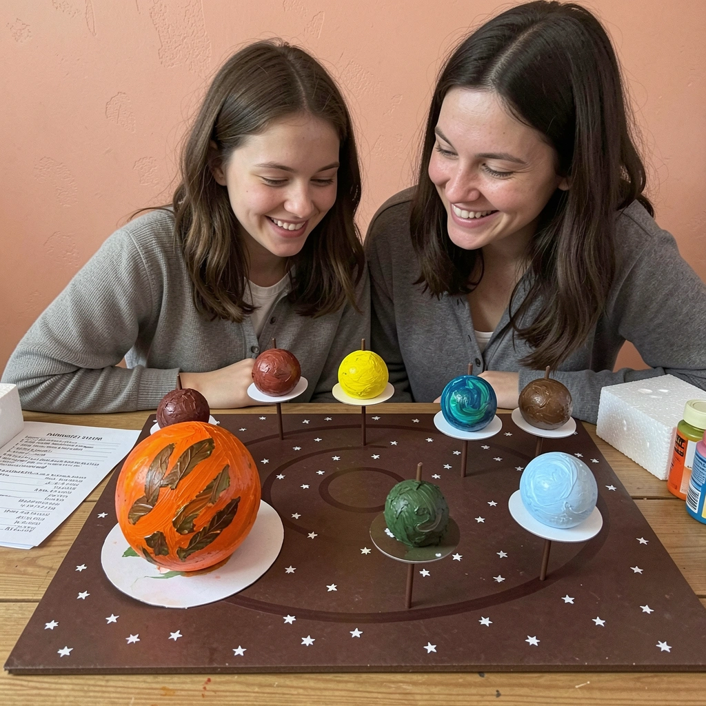 Mãe e criança sentadas à mesa com lista de materiais, isopor e tintas.