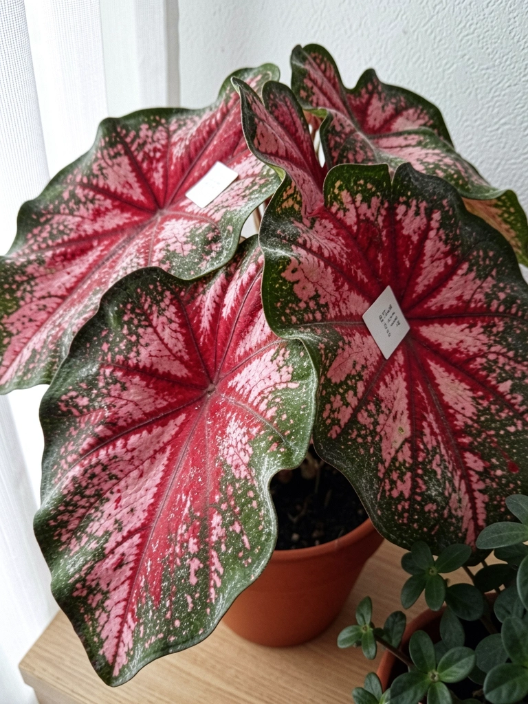Folhas de caladium com manchas rosa, branco e verde, fundo desfocado.