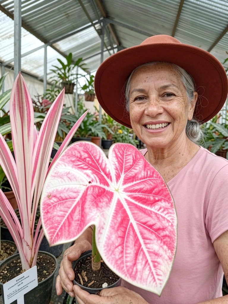 Duas plantas caladium em vasos lado a lado, uma com folhas largas e outra com folhas estreitas.