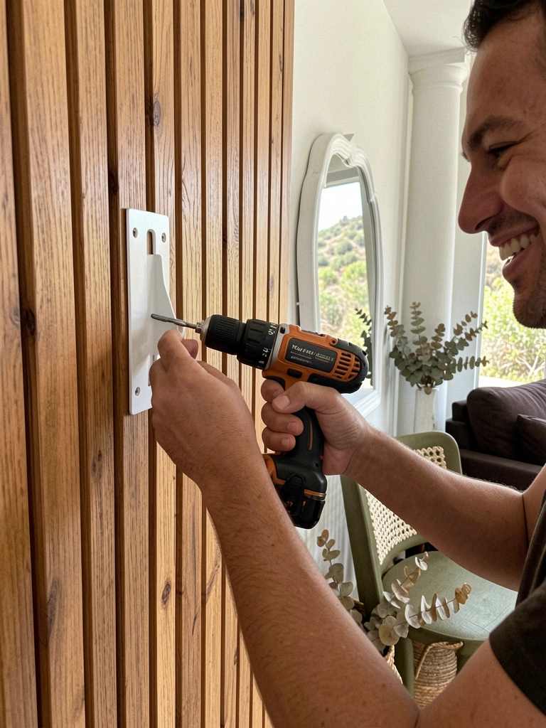 Mão segurando furadeira elétrica sobre suporte metálico fixado na parede, próximo a um espelho.