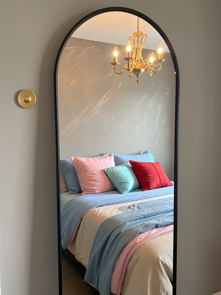 Espelho de corpo inteiro apoiado no chão do quarto, com cama ao fundo iluminada por luz natural.