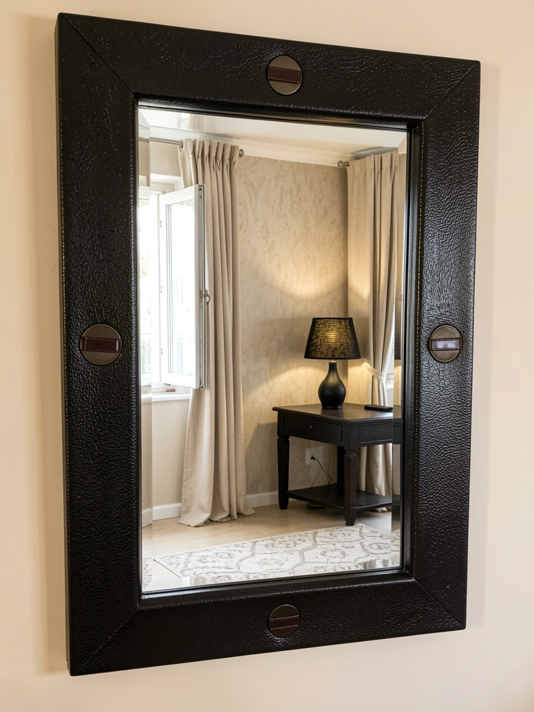 Espelho reflete janela com cortinas abertas em quarto claro.