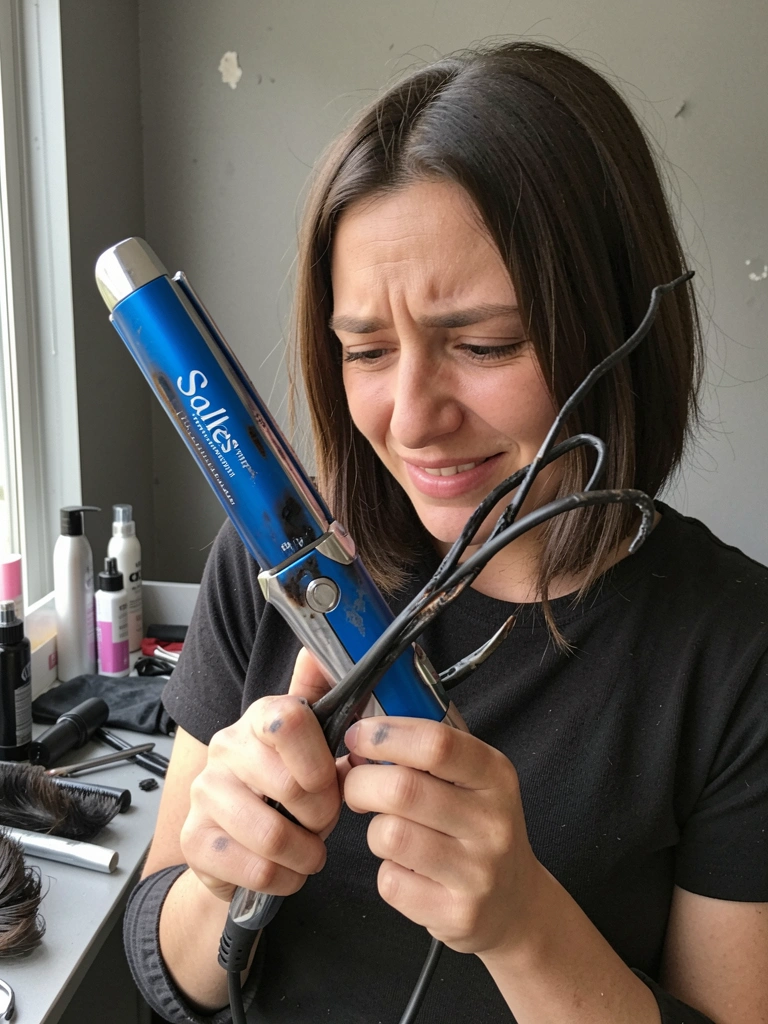Mulher segura prancha de cabelo queimada com fios danificados sobre bancada de salão, expressão de arrependimento.
