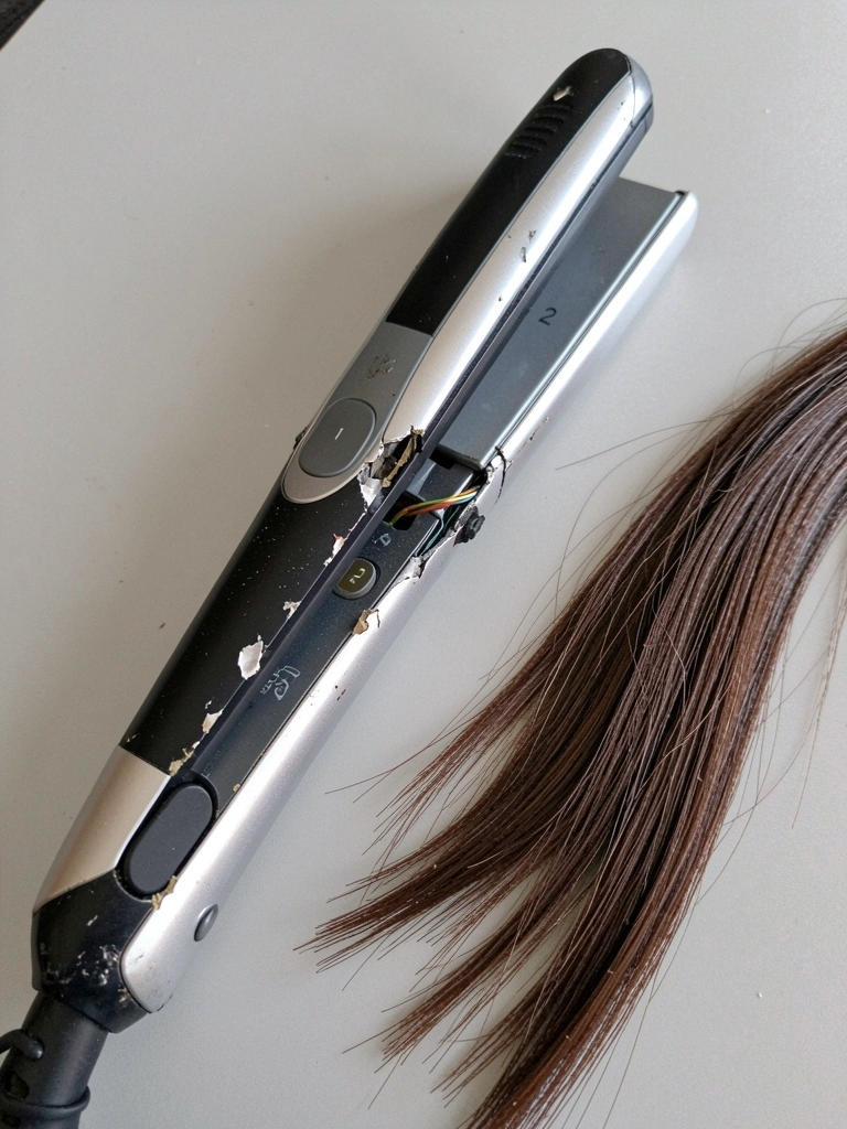 Prancha de cabelo descascada com cabo partido ao lado de fios com pontas duplas.