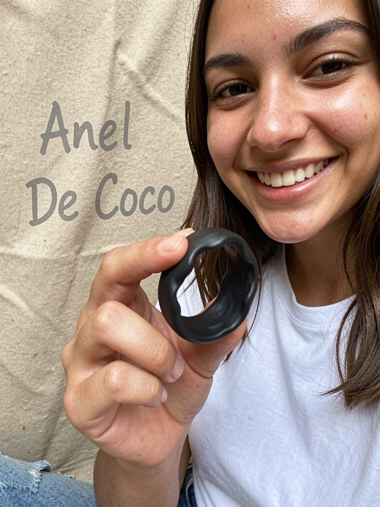 Jovem com jeans e camiseta branca, anel de coco na mão, sorrindo.