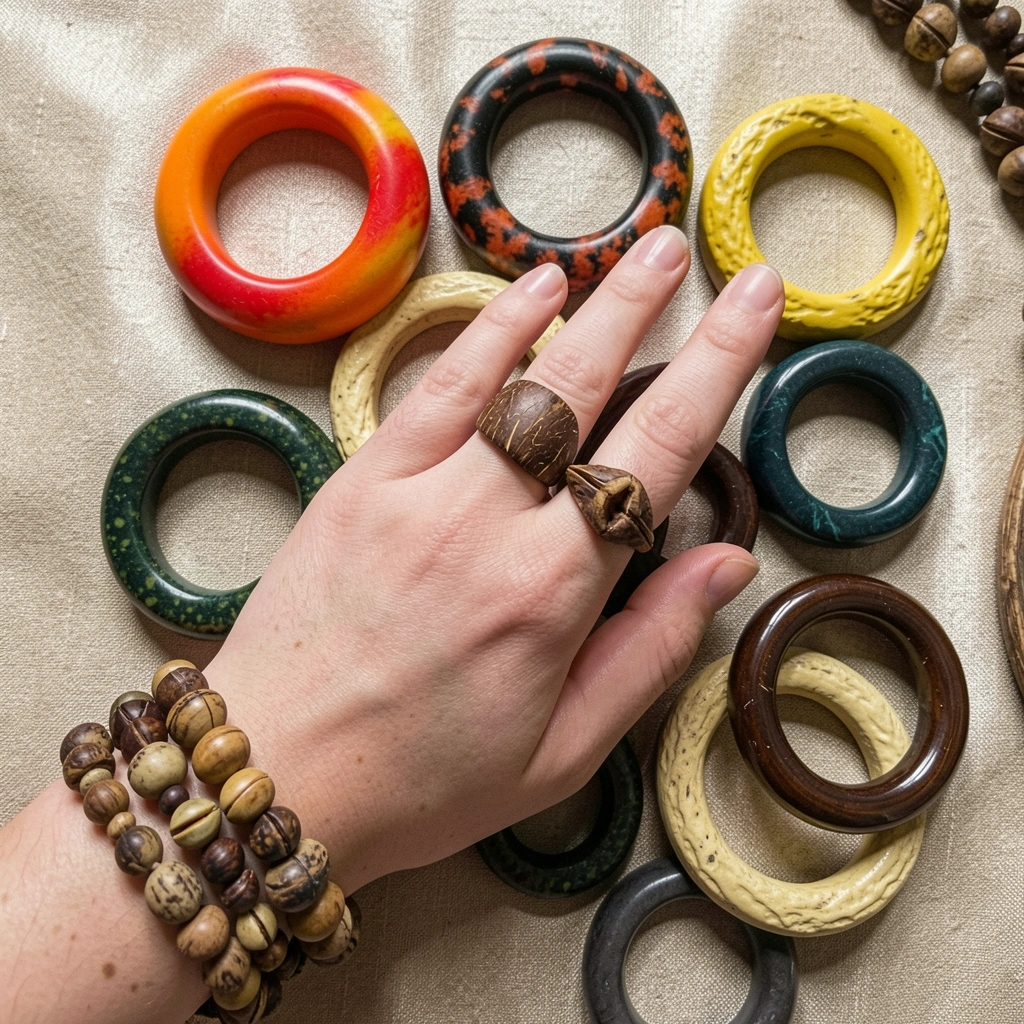 Mão usando anel de coco e pulseiras de sementes, com colar de coco ao lado sobre fundo artesanal.