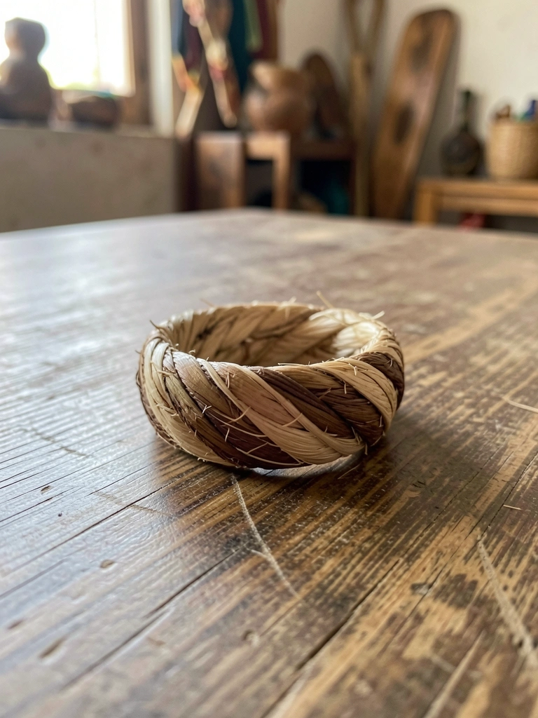 Anel de fibra de coco piaçava sobre mesa de madeira, artesanato baiano.