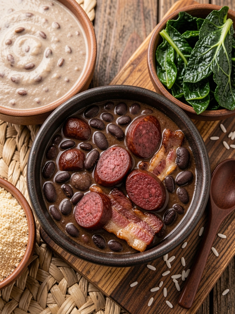 Ingredientes de feijoada sobre mesa de madeira: feijão preto, carne-seca, costelinha, bacon, linguiça calabresa e paio.