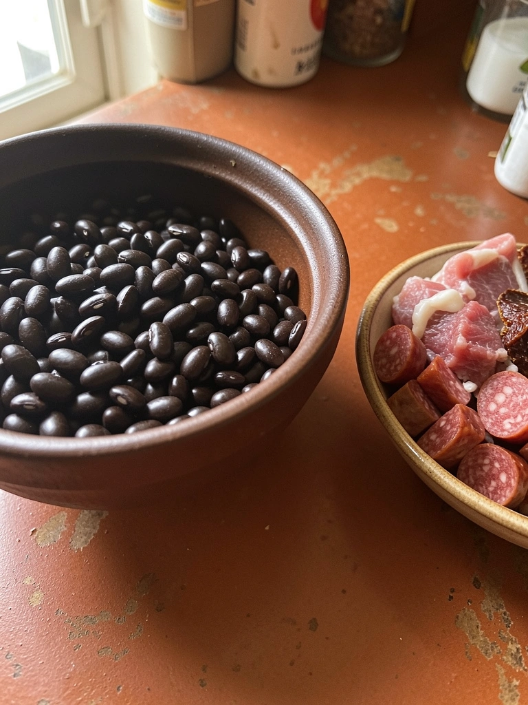 Tigela de feijão preto com pedaços de carne ao lado.