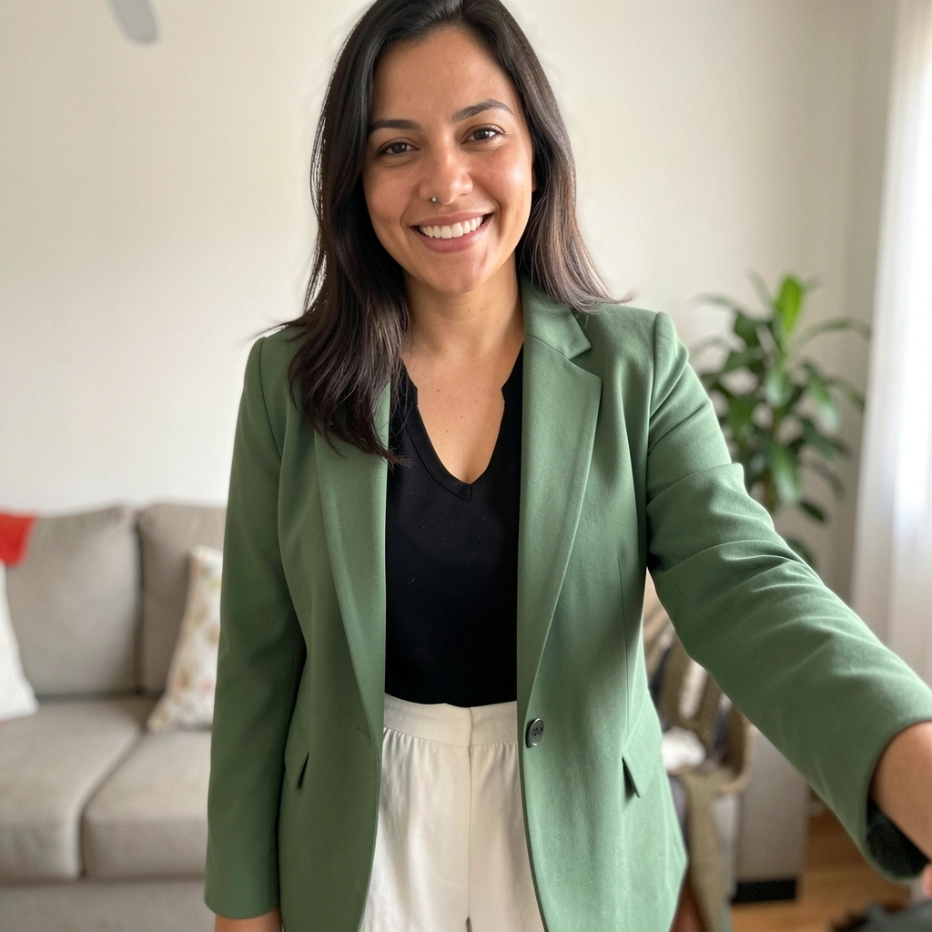 Mulher vestindo calça pantalona off-white e blazer verde musgo, em pose frontal.