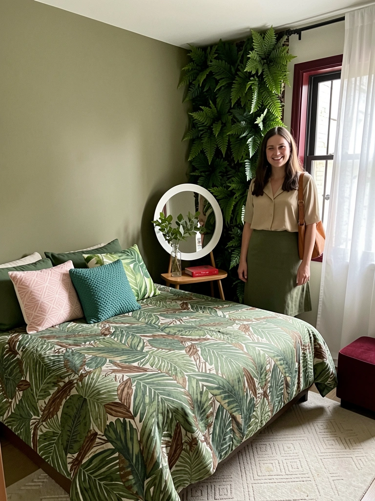 Saia verde musgo, blusa bege e bolsa caramelo em composição de look.