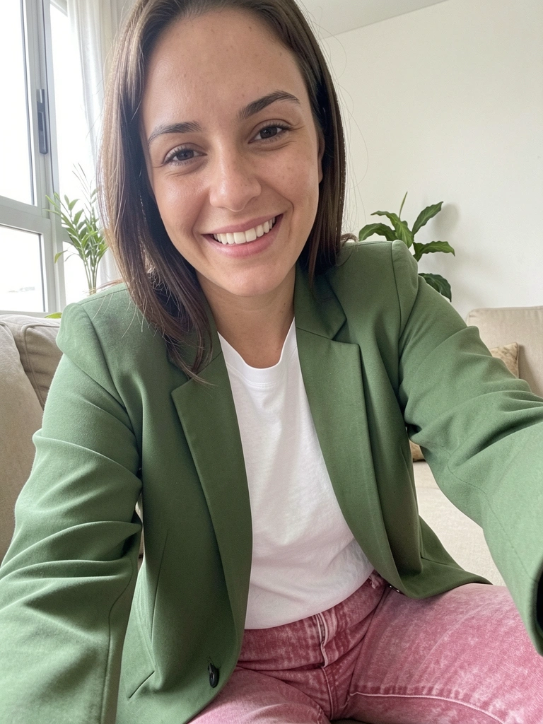 Blazer verde musgo combinado com calça rosa antigo em fundo neutro.