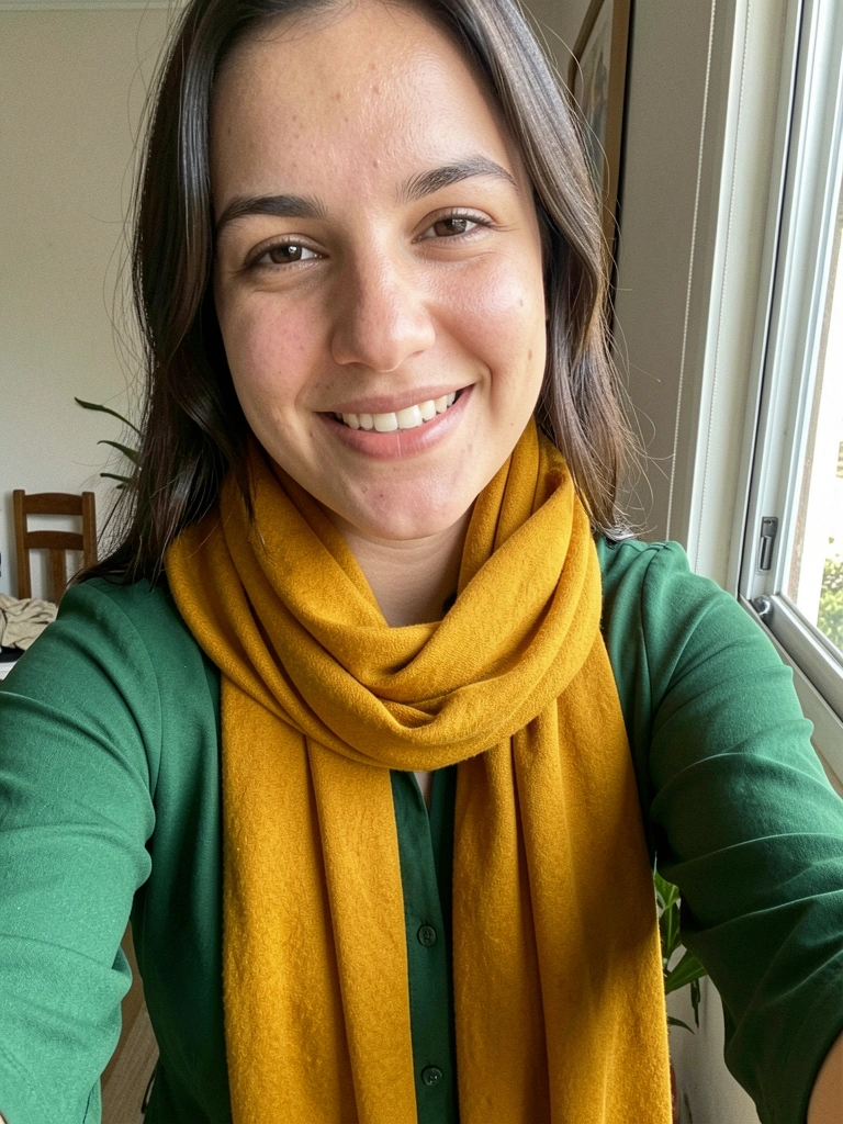 Vestido verde musgo com cachecol amarelo mostarda sobre fundo neutro.
