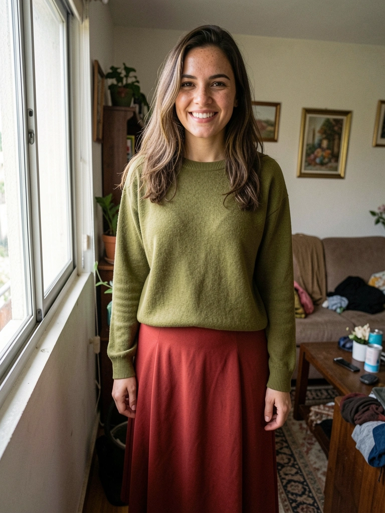 Suéter verde musgo combinado com saia vermelha tijolo em um look de inverno.
