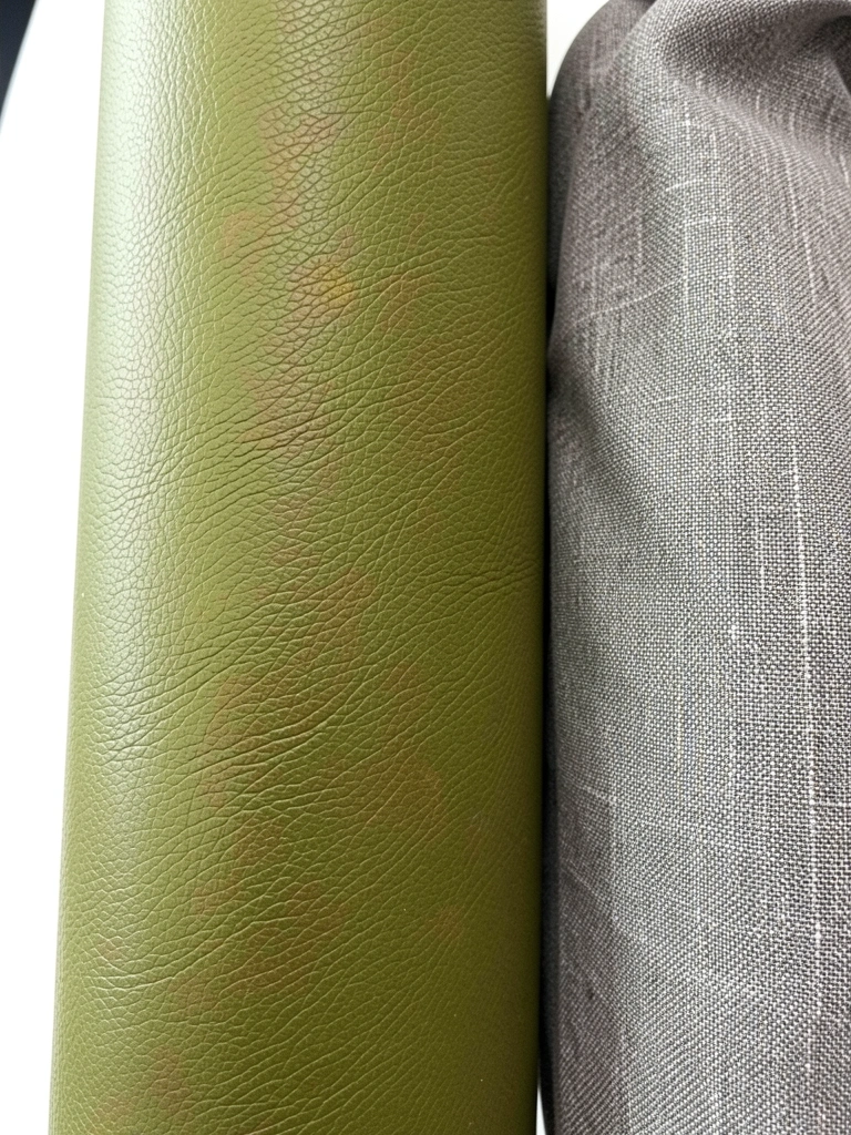 Trench coat cinza sobre calça verde musgo em fundo neutro.