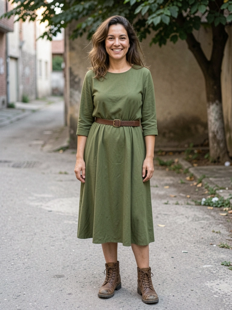 Vestido verde musgo com cinto marrom e botas em fundo neutro.