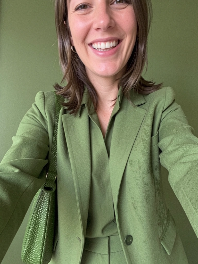 Blazer verde musgo, calça da mesma cor e bolsa texturizada combinadas em um look total.