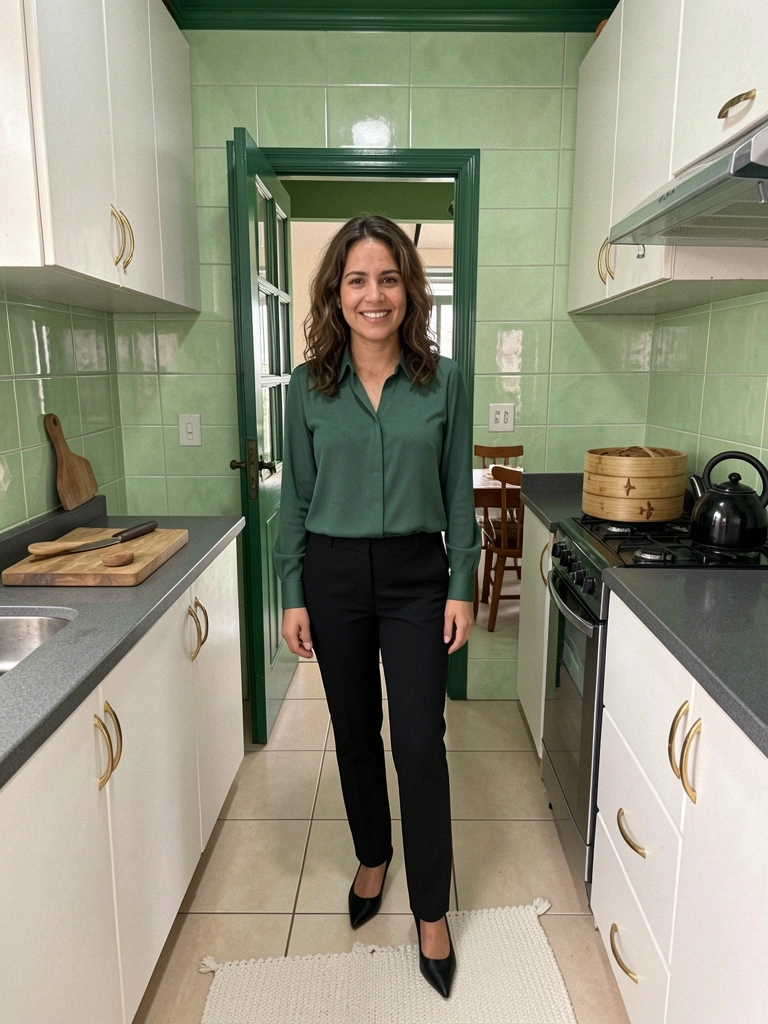 Blusa verde musgo combinada com calça preta de alfaiataria e scarpin preto.
