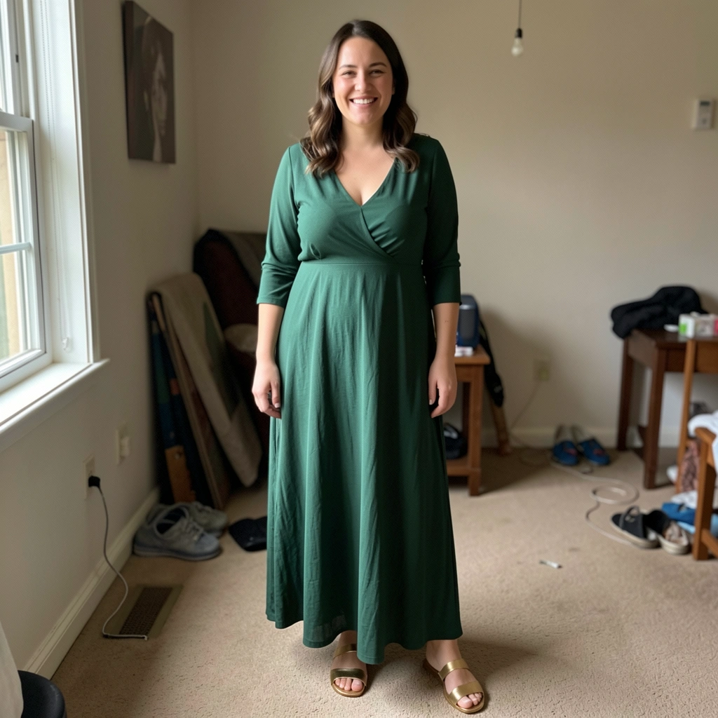 Vestido longo verde musgo com decote profundo e sandálias douradas.