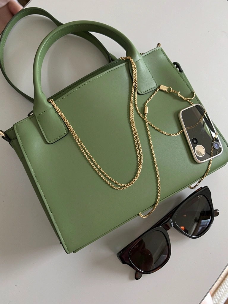 Bolsa verde musgo com alça dourada e óculos escuros sobre superfície neutra.
