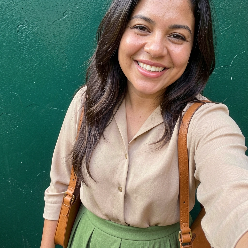 Saia verde musgo combinada com blusa bege e bolsa caramelo.