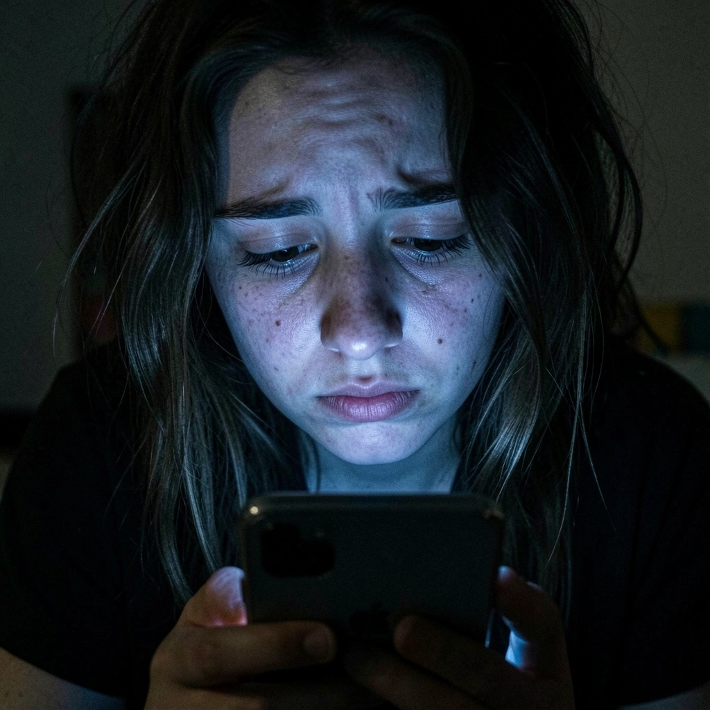 Jovem mulher com expressão cansada olhando para tela de celular, luz azul iluminando o rosto em ambiente escuro.