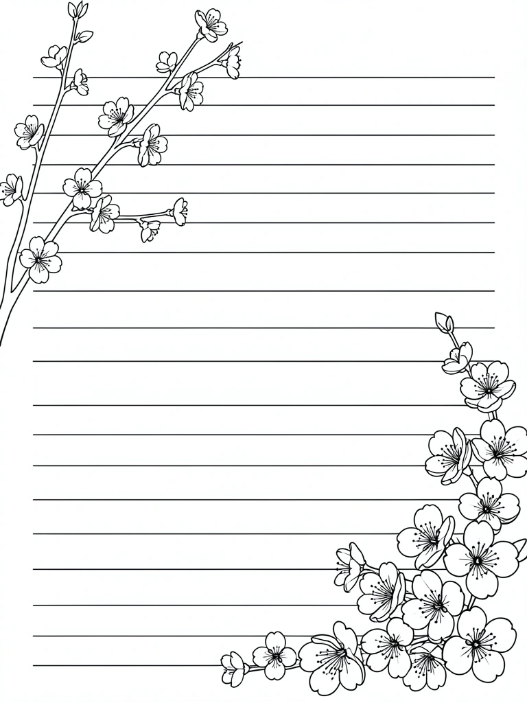 Papel de carta com estampa de rosas e margaridas, caneta ao lado.