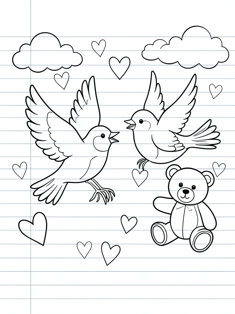 Papel de carta decorado com corações e nuvens, ursinho de pelúcia ao lado.