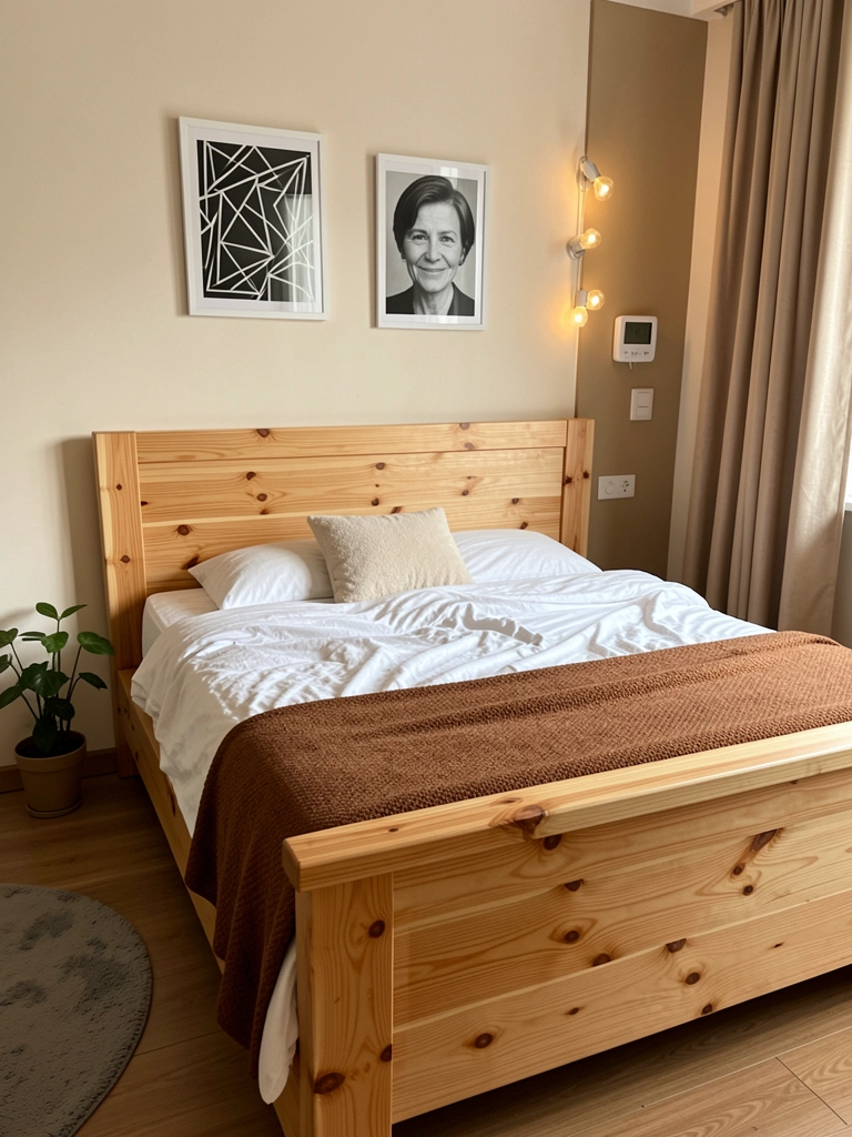 Cama queen size de madeira maciça com colchão branco em quarto claro, vasos com plantas ao lado.