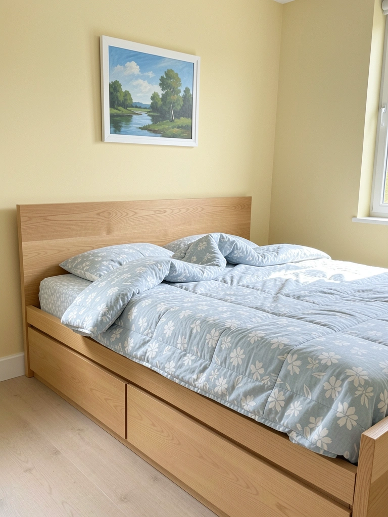 Cama baixa de madeira clara com gavetas embaixo em quarto minimalista.