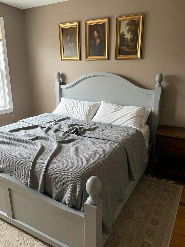 Cama queen size em madeira maciça pintada de cinza, com cabeceira reta, em quarto de decoração moderna.