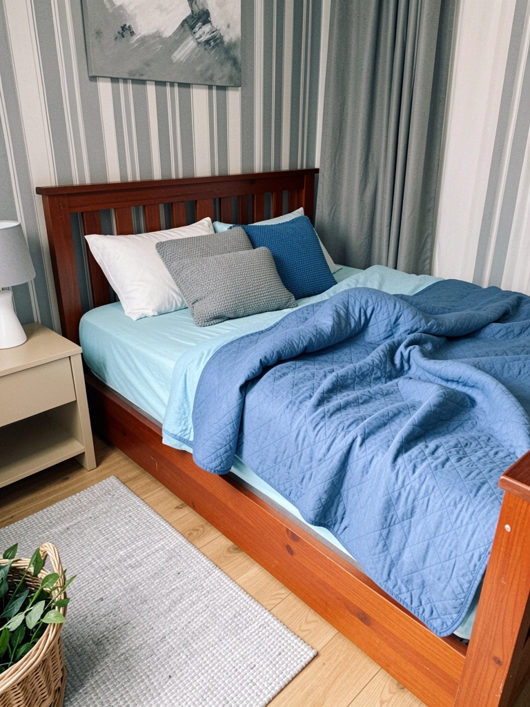 Cama baixa de madeira com colchão no chão, tapete no quarto compacto.