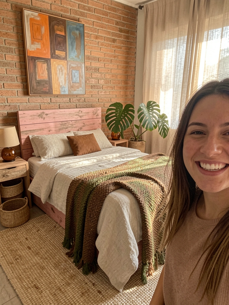 Cama feita de tábuas de demolição em peroba rosa em quarto com parede de tijolos aparentes.