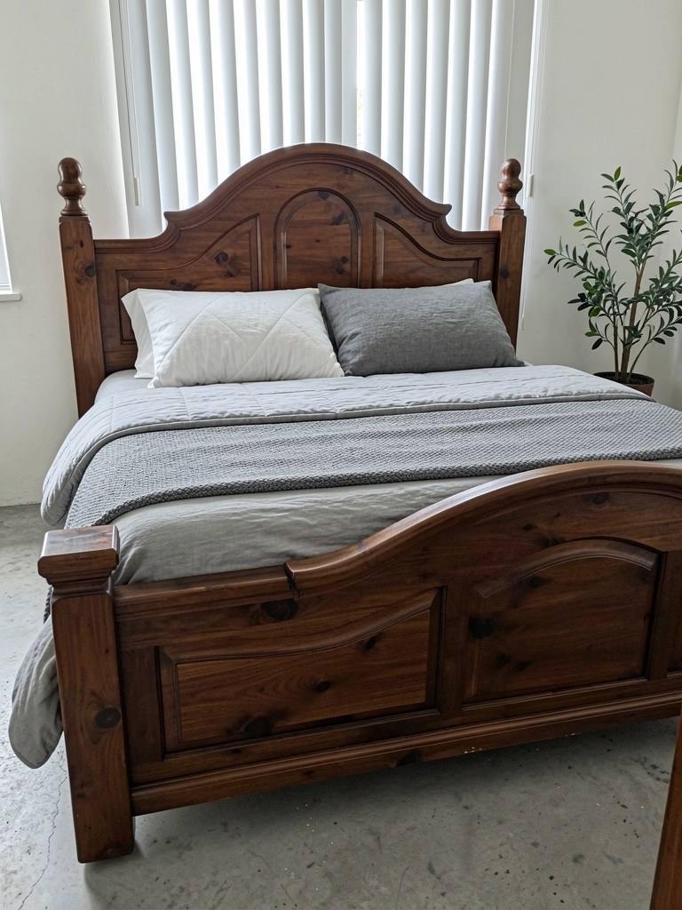 Cama rústica de madeira grossa com cabeceira de nós aparentes e lençol de linho.