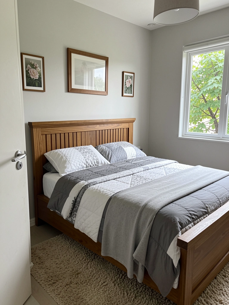 Cama de madeira com linhas retas em quarto clean, luminária pendente no teto.