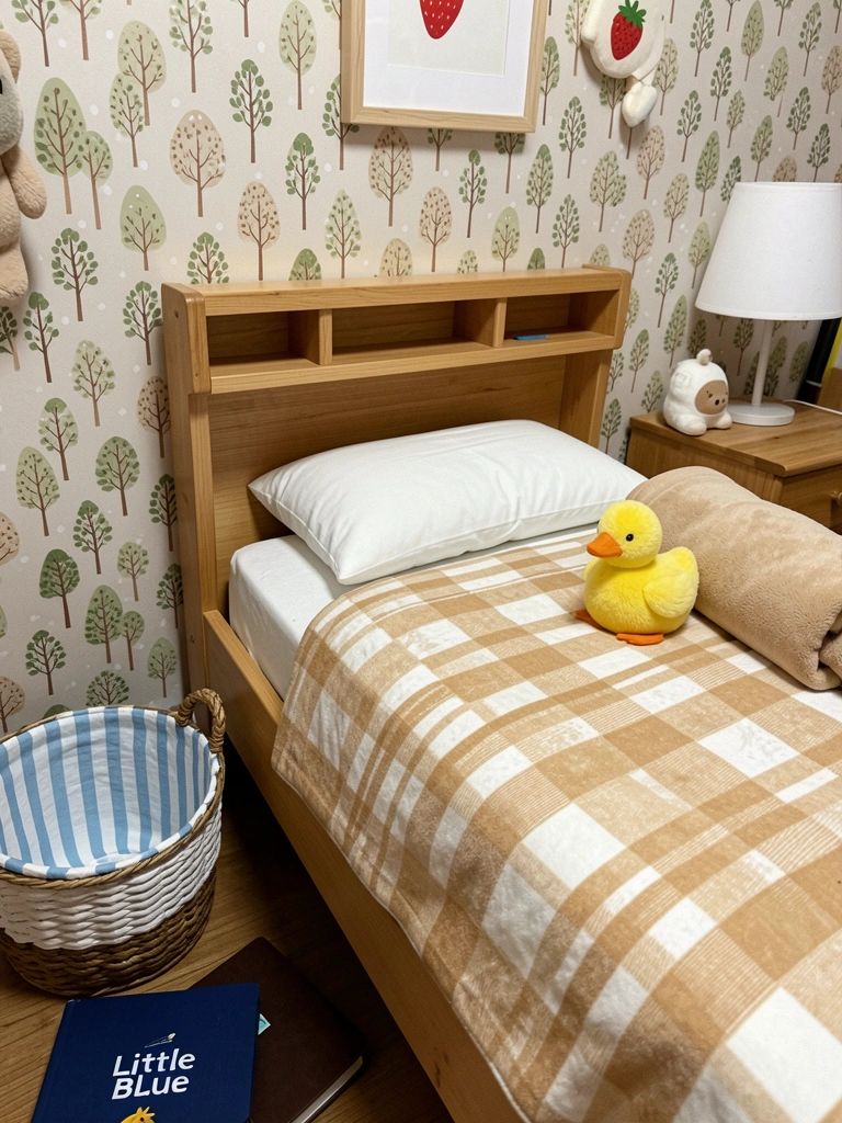 Cama solteiro de madeira com cabeceira que tem prateleira, quarto infantil com brinquedos no chão.
