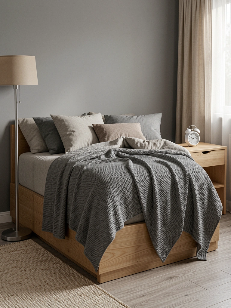 Cama casal de madeira com colchão sobre estrutura baixa e almofadas.
