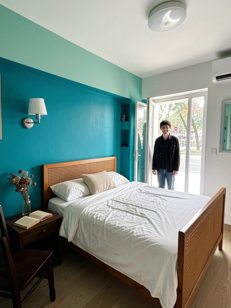 Quarto pequeno com cama de madeira baixa, nichos na parede e um espelho.