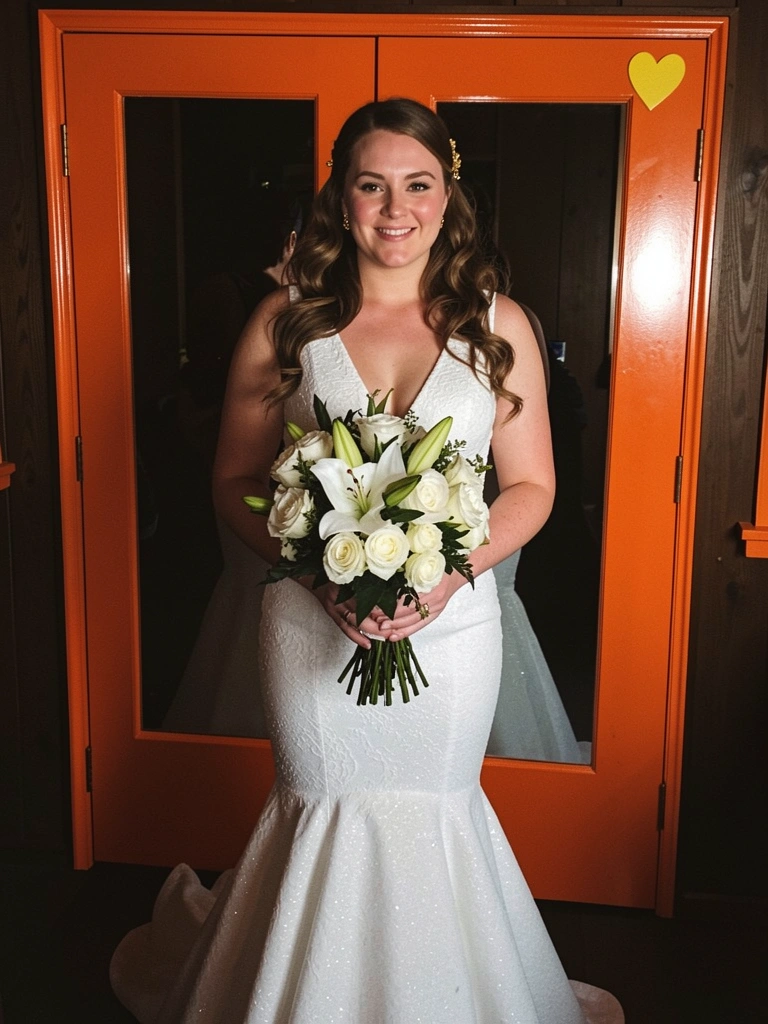 Noiva com vestido ombro a ombro de zibeline e cauda curta sorri em jardim florido.